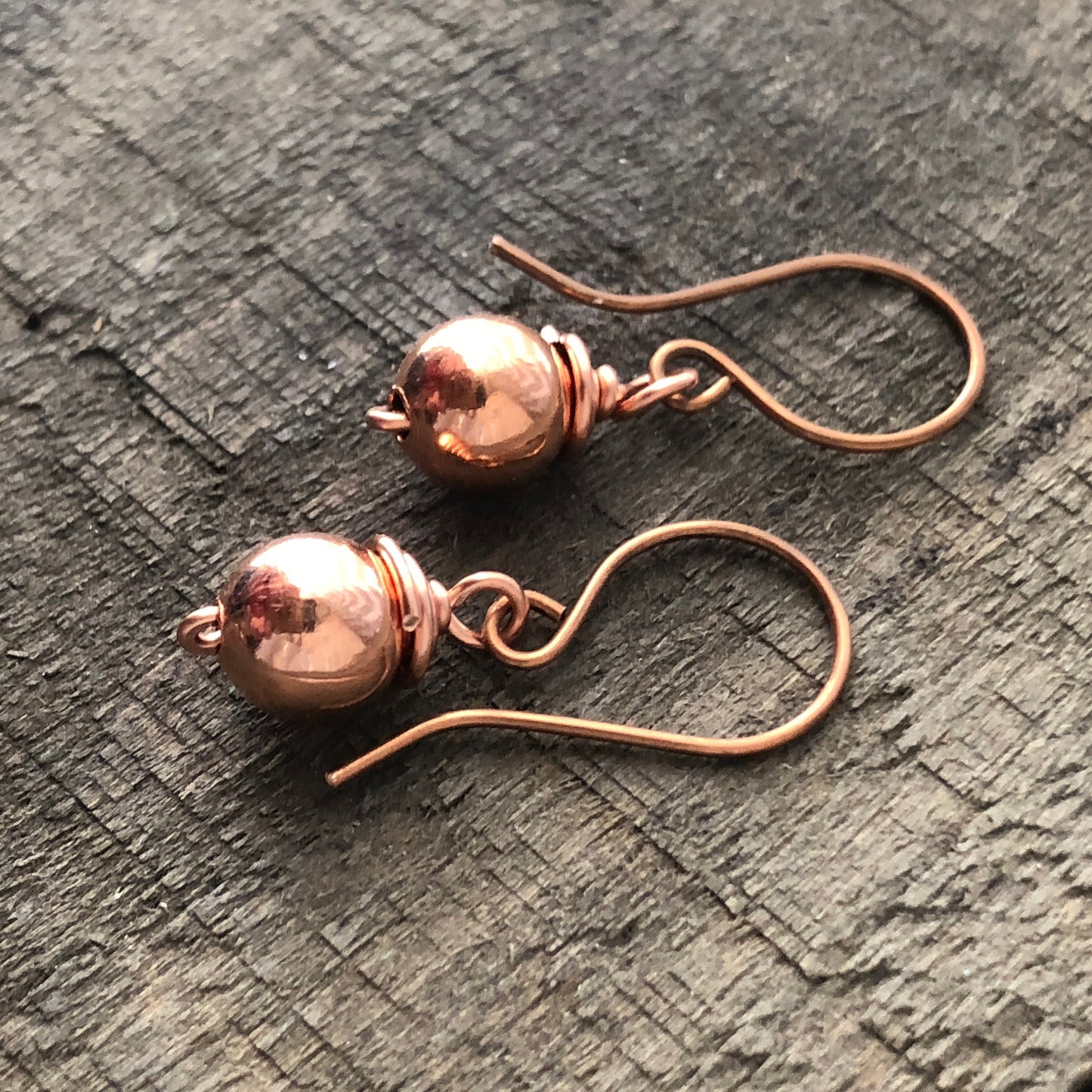 Pure Copper Ball Drop Earrings – Handmade Wire-Wrapped, 8mm Ball Lightweight