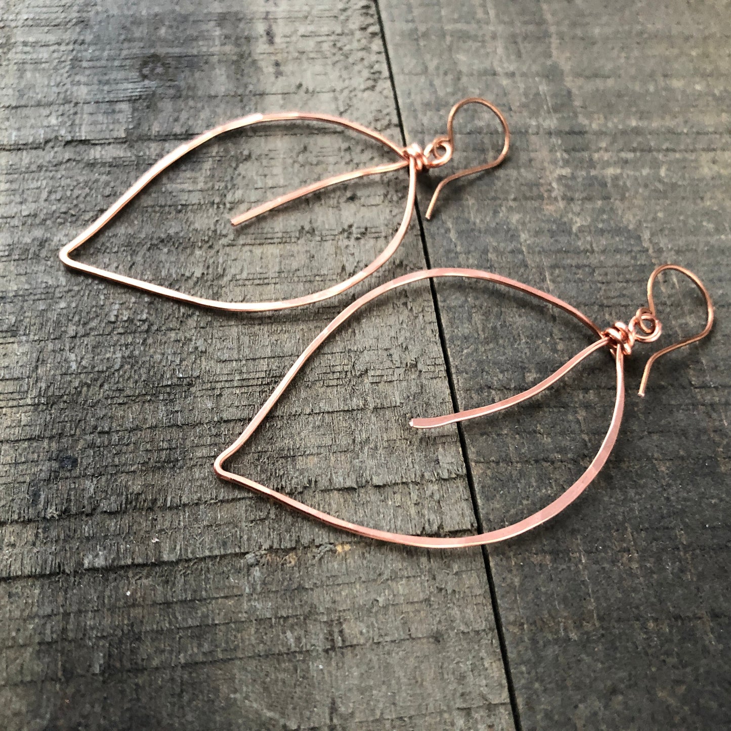 Copper Leaf Earrings – Handmade Large Wirework Hoops, Lightweight Nature-Inspired Dangles