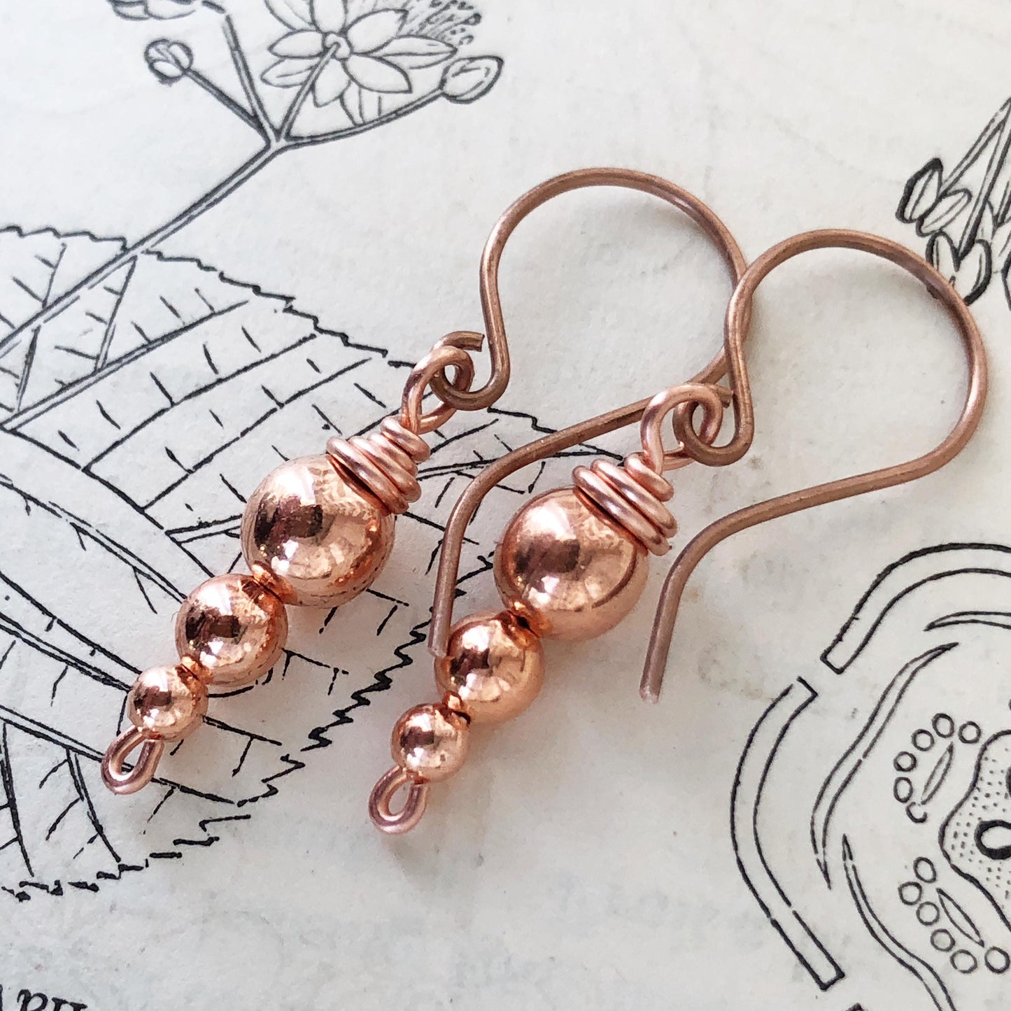 Handmade Copper Drop Earrings with Wire-Wrapped Hollow Beads, Beaded Pure Copper Minimalist Earring Dangles