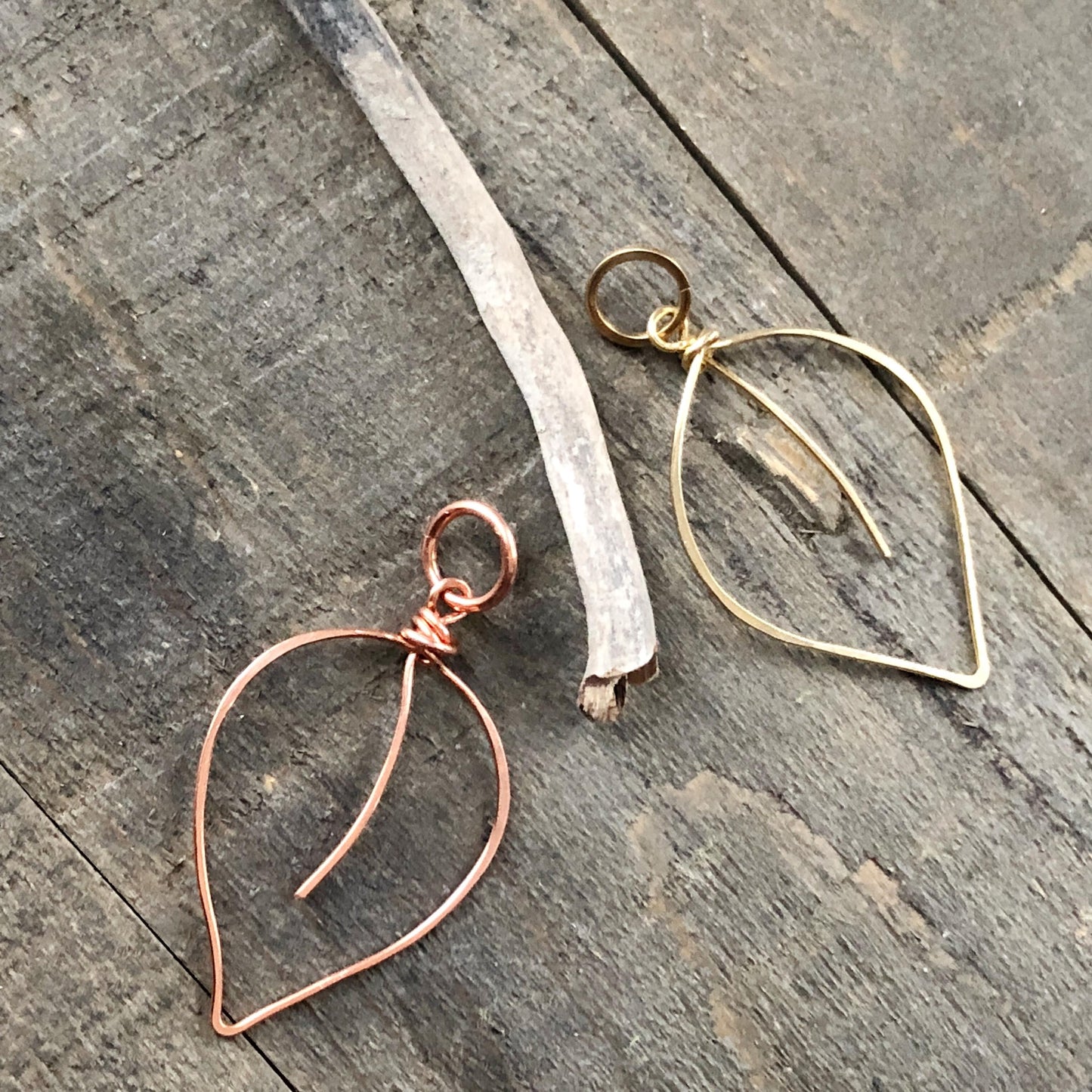 Copper Leaf Pendant, Artisan Wirework Leaf Necklace Charm, Hammered Copper or Gold Brass, Boho Nature Inspired