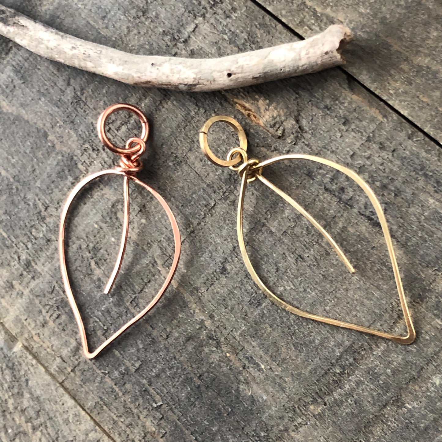 Copper Leaf Pendant, Artisan Wirework Leaf Necklace Charm, Hammered Copper or Gold Brass, Boho Nature Inspired