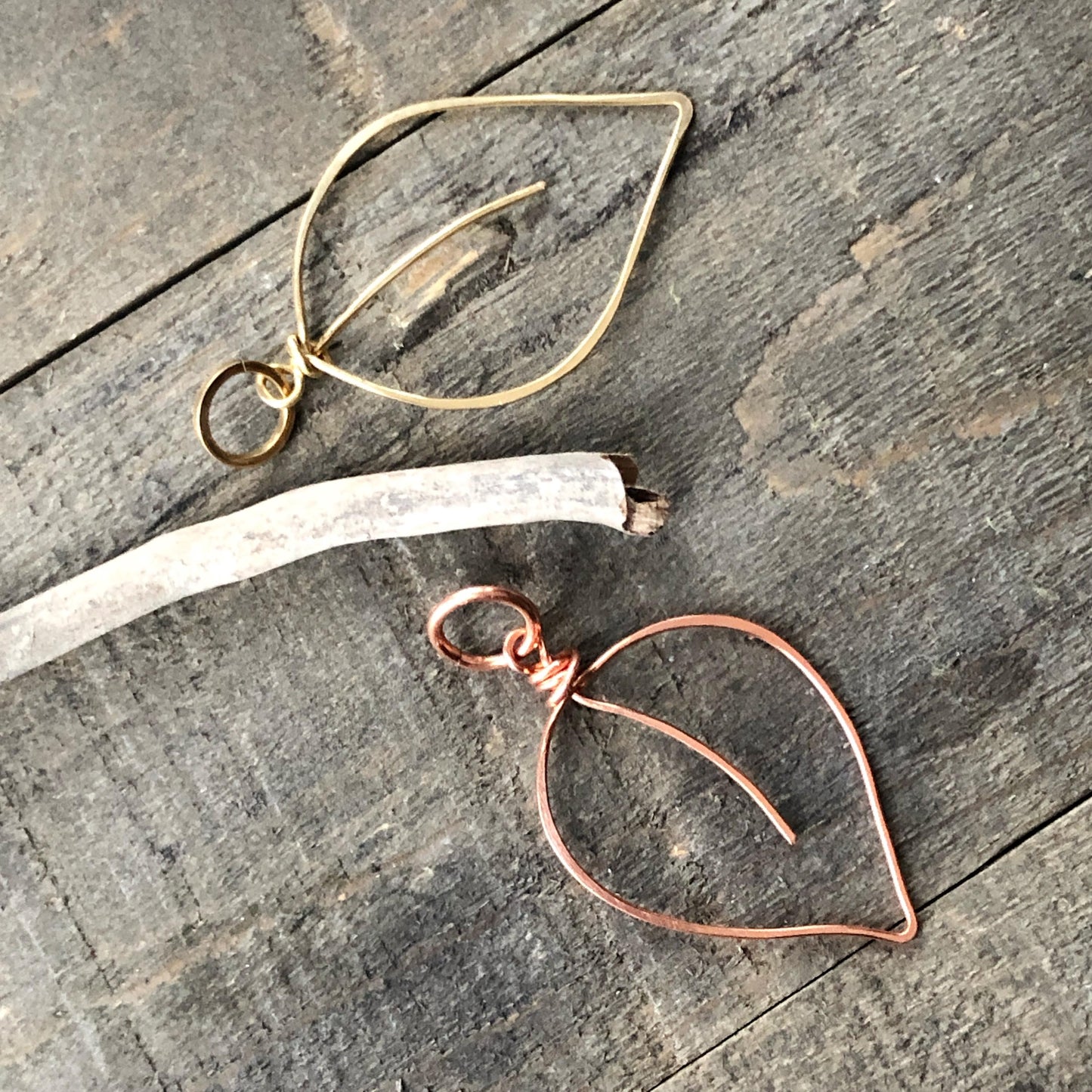 Copper Leaf Pendant, Artisan Wirework Leaf Necklace Charm, Hammered Copper or Gold Brass, Boho Nature Inspired