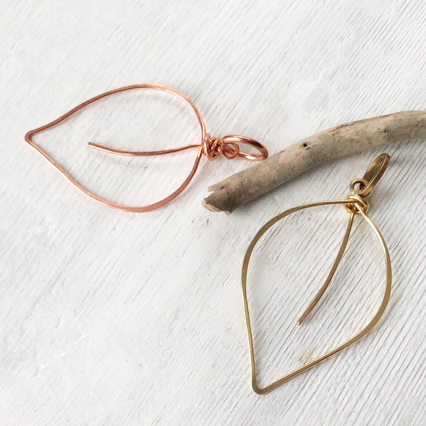 Copper Leaf Pendant, Artisan Wirework Leaf Necklace Charm, Hammered Copper or Gold Brass, Boho Nature Inspired