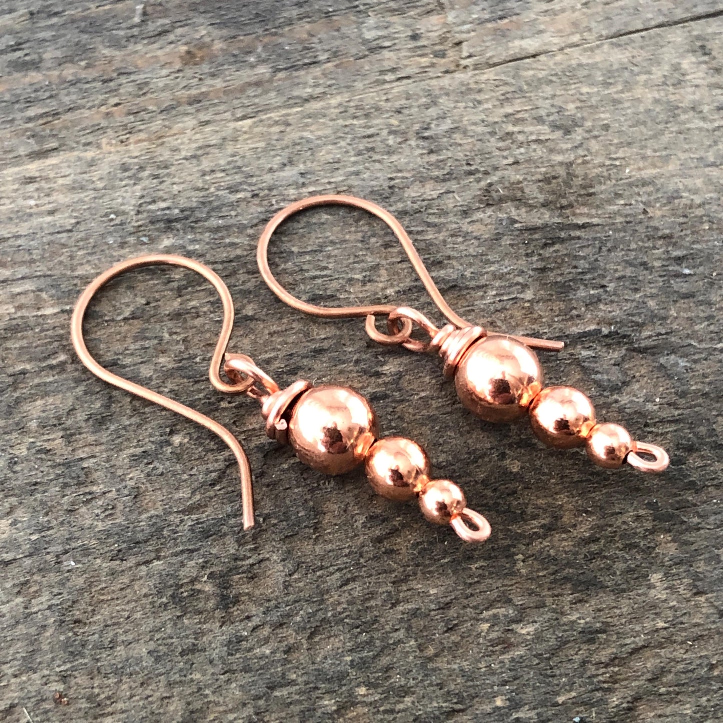 Handmade Copper Drop Earrings with Wire-Wrapped Hollow Beads, Beaded Pure Copper Minimalist Earring Dangles