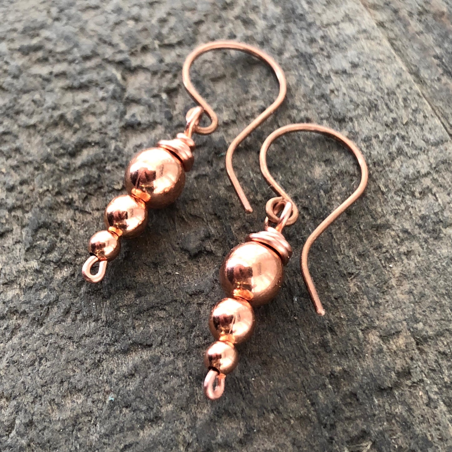 Handmade Copper Drop Earrings with Wire-Wrapped Hollow Beads, Beaded Pure Copper Minimalist Earring Dangles