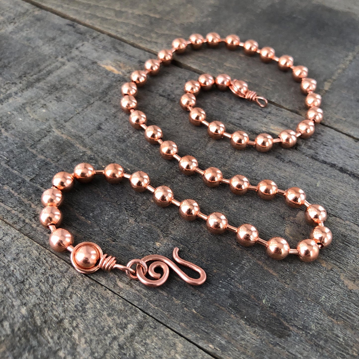 6mm Pure Copper Ball Chain Necklace – Handmade Artisan Clasp & Wire-Wrapped Loops