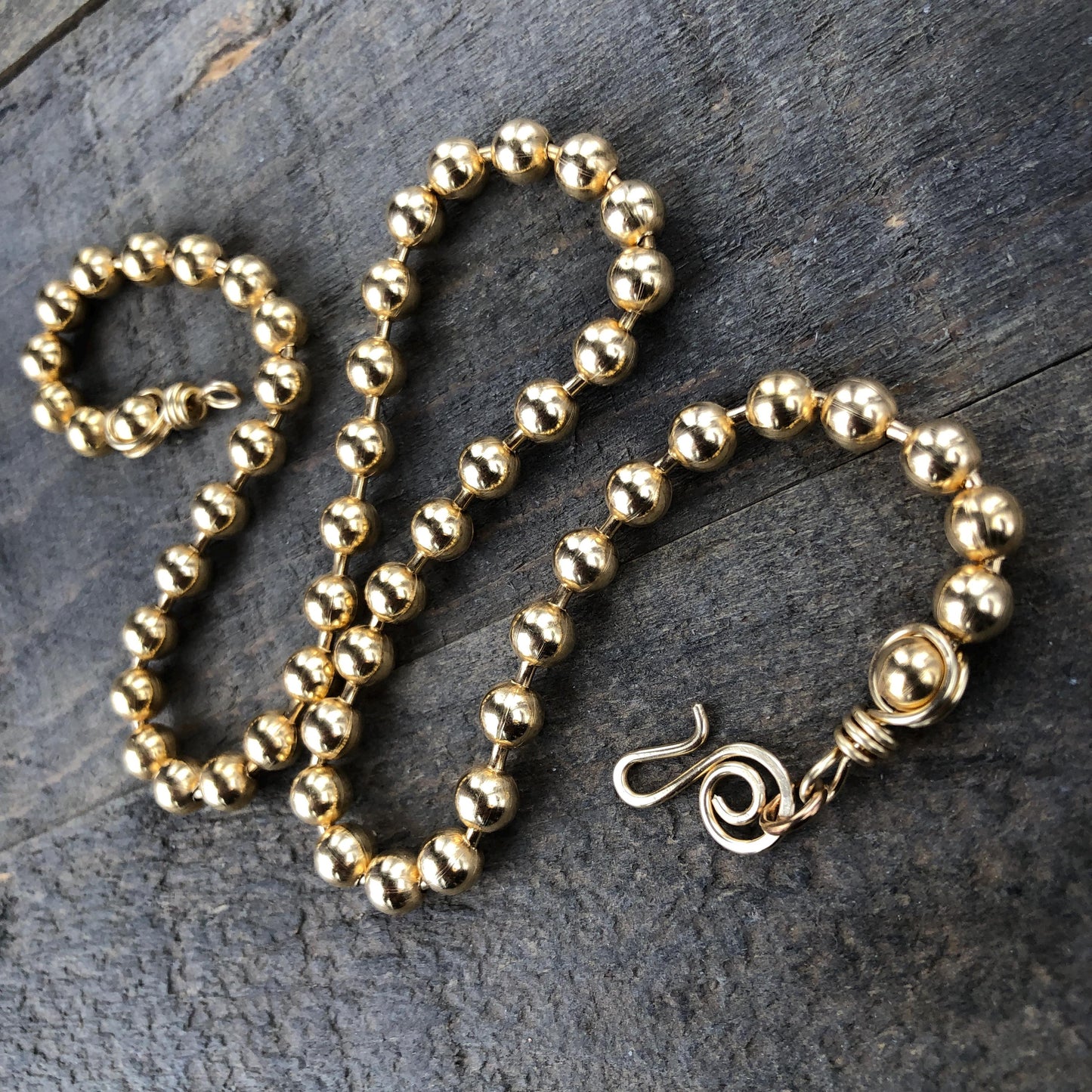 Chunky 6mm Brass Ball Chain Necklace – Handmade Artisan Clasp with Wire-Wrapped Loops