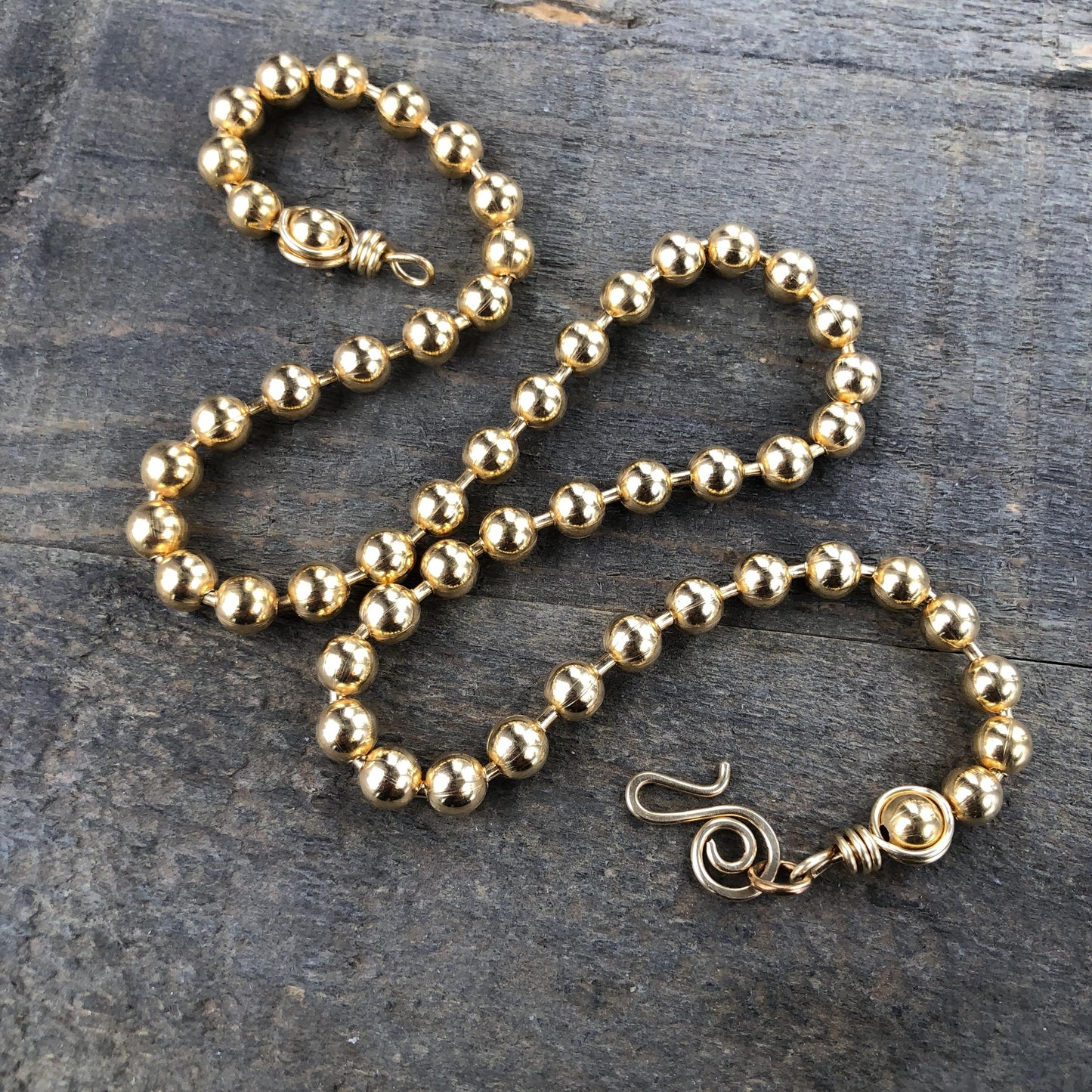 Chunky 6mm Brass Ball Chain Necklace – Handmade Artisan Clasp with Wire-Wrapped Loops