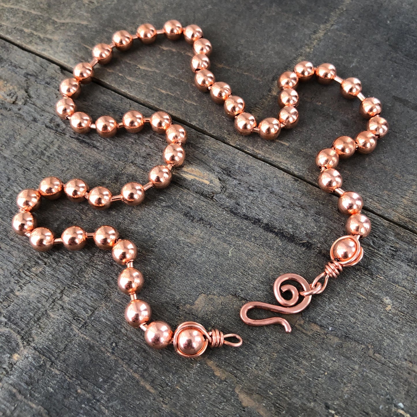 6mm Pure Copper Ball Chain Necklace – Handmade Artisan Clasp & Wire-Wrapped Loops