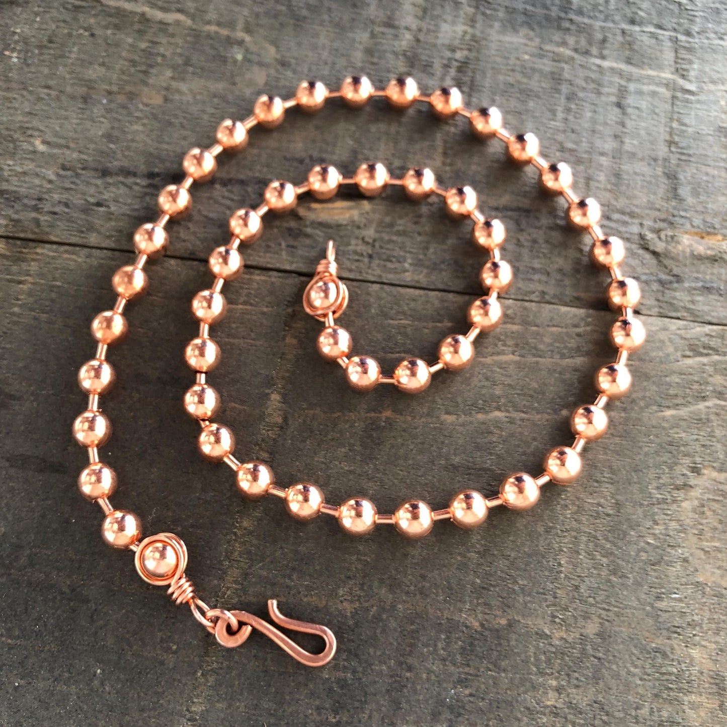 6mm Pure Copper Ball Chain Necklace – Handmade Artisan Clasp & Wire-Wrapped Loops