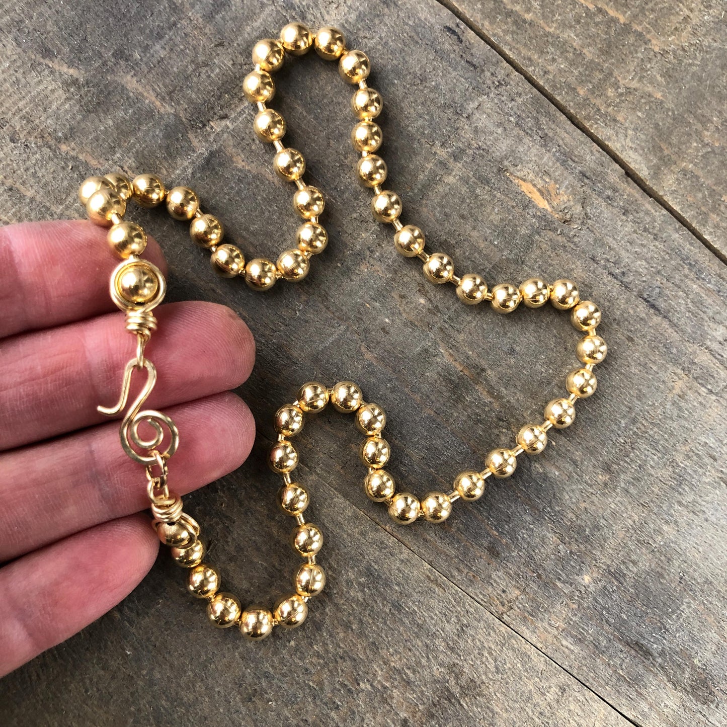 Chunky 6mm Brass Ball Chain Necklace – Handmade Artisan Clasp with Wire-Wrapped Loops