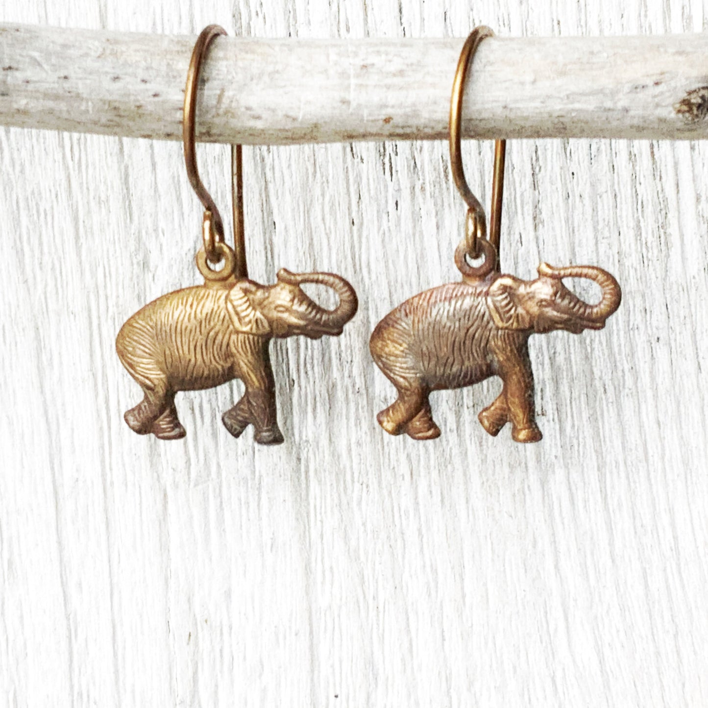 Elephant Brass Earrings with Handmade French hooks, Patina’d Charms Little Antiqued Brass Elephants