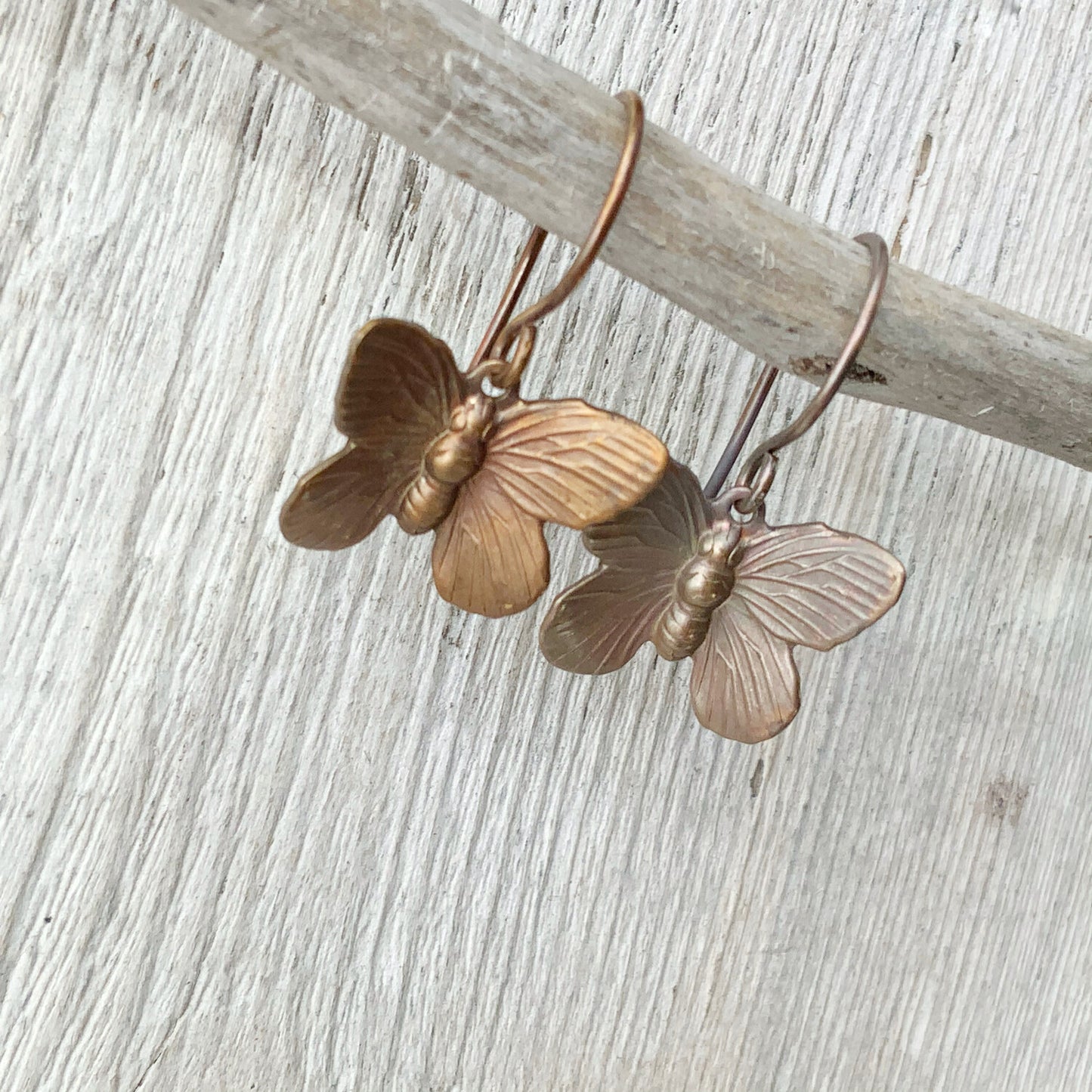 Butterfly Patina Brass Earrings with Handmade French hooks, Little Antiqued Brass Moth