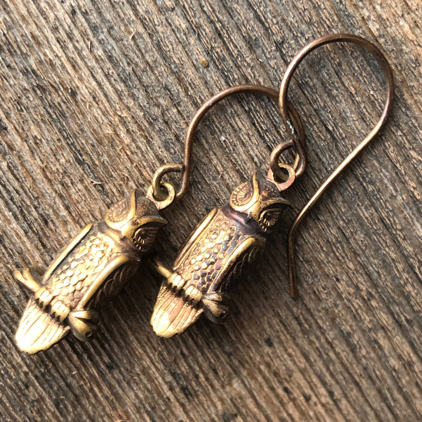 Rustic Brass Owl Earrings – Patina’d Charms, Handmade French Hook Ear Wires