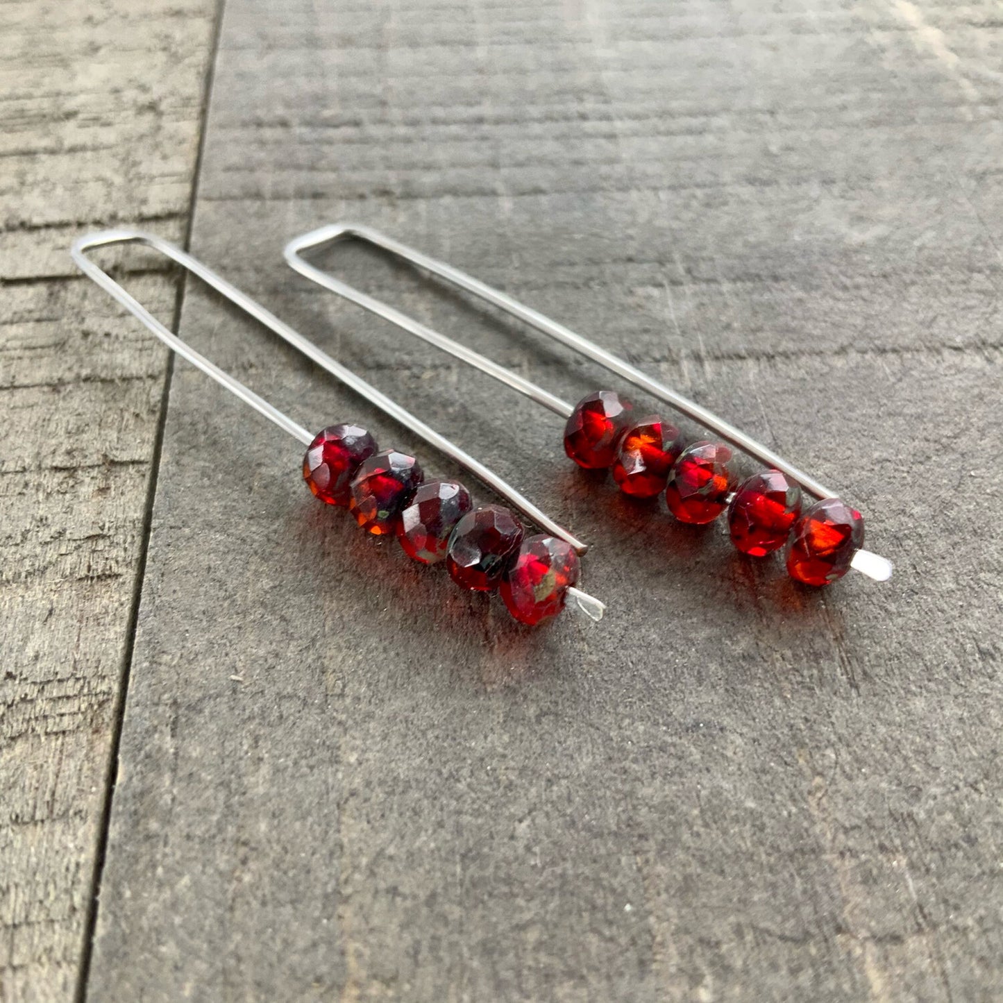Red & Blood Orange Mini Glass Gem Threader Earrings, Rectangle Modern Ear Wires
