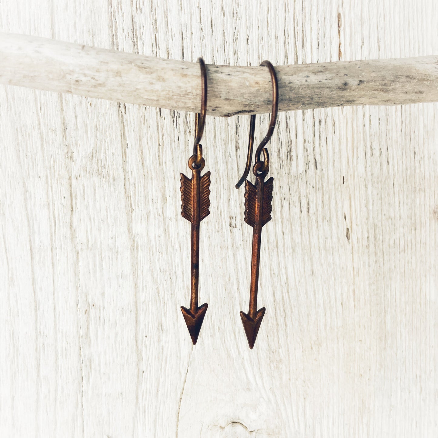 Arrow Brass Earrings with Handmade French hooks, Patina’d Charms