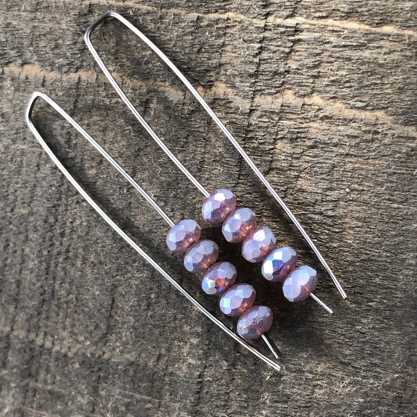 Opal Lilac Mini Glass Gem Threader Earrings, Rectangle Modern Ear Wires, Purple