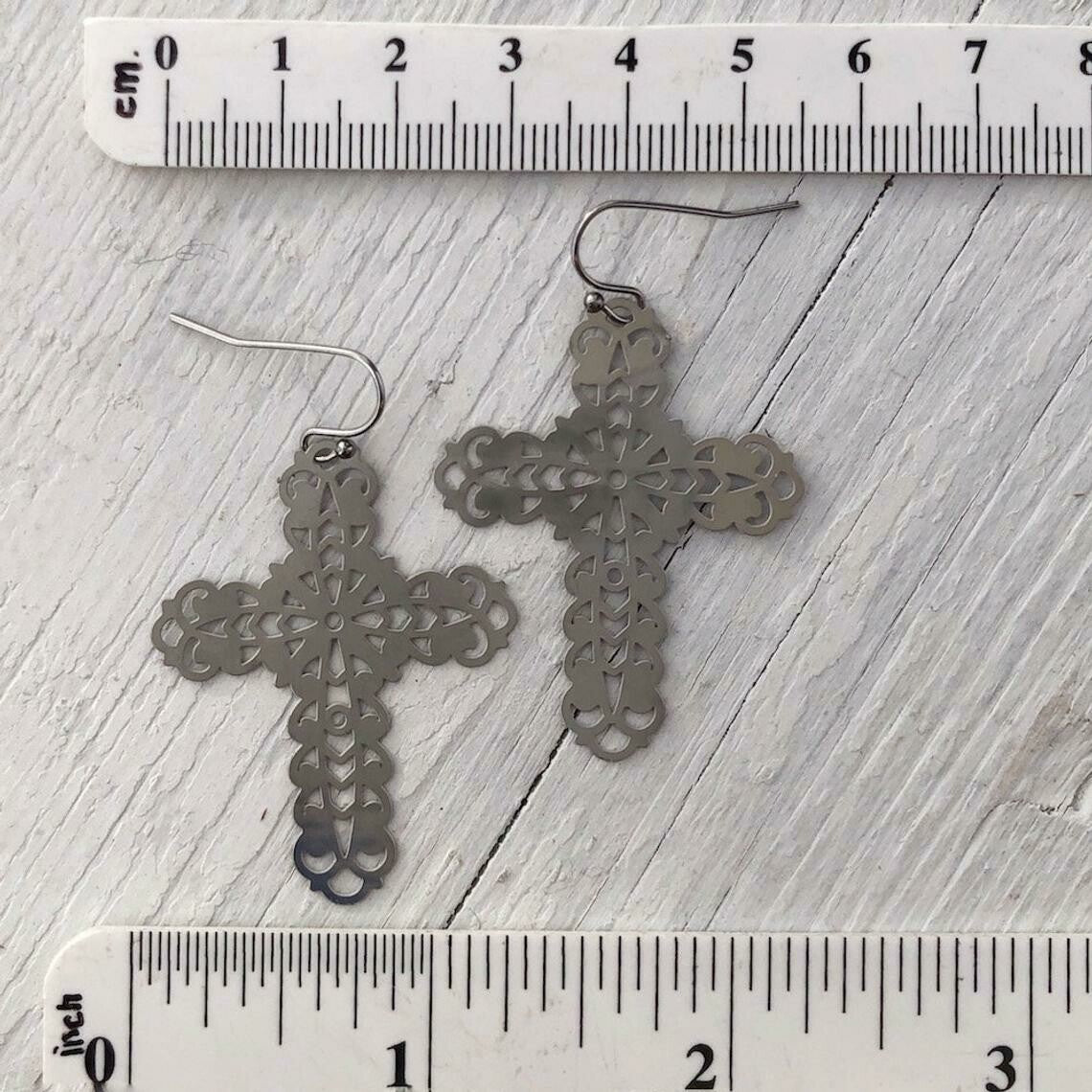 Filigree Cross Earrings - 1980s Retro Edgy
