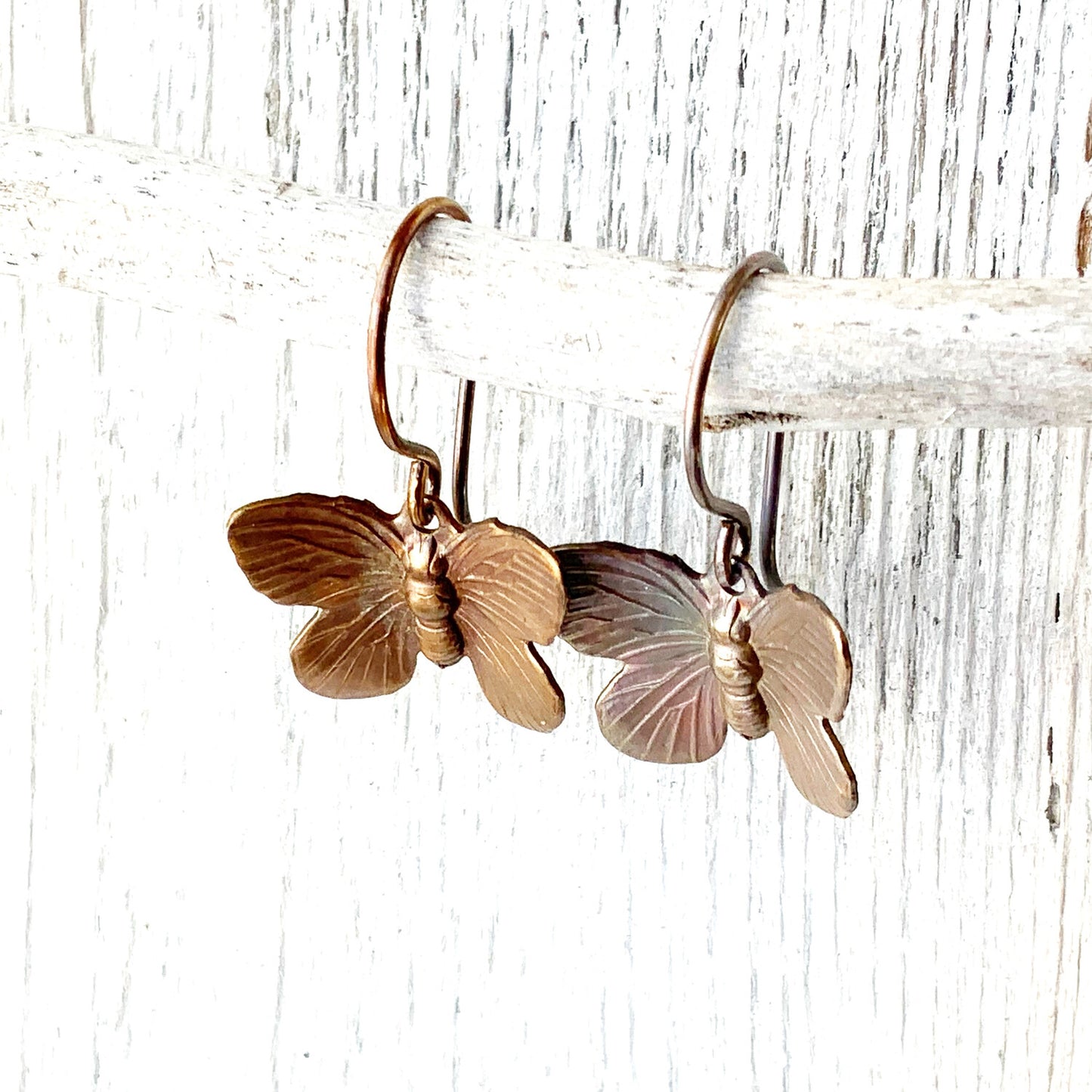 Butterfly Patina Brass Earrings with Handmade French hooks, Little Antiqued Brass Moth
