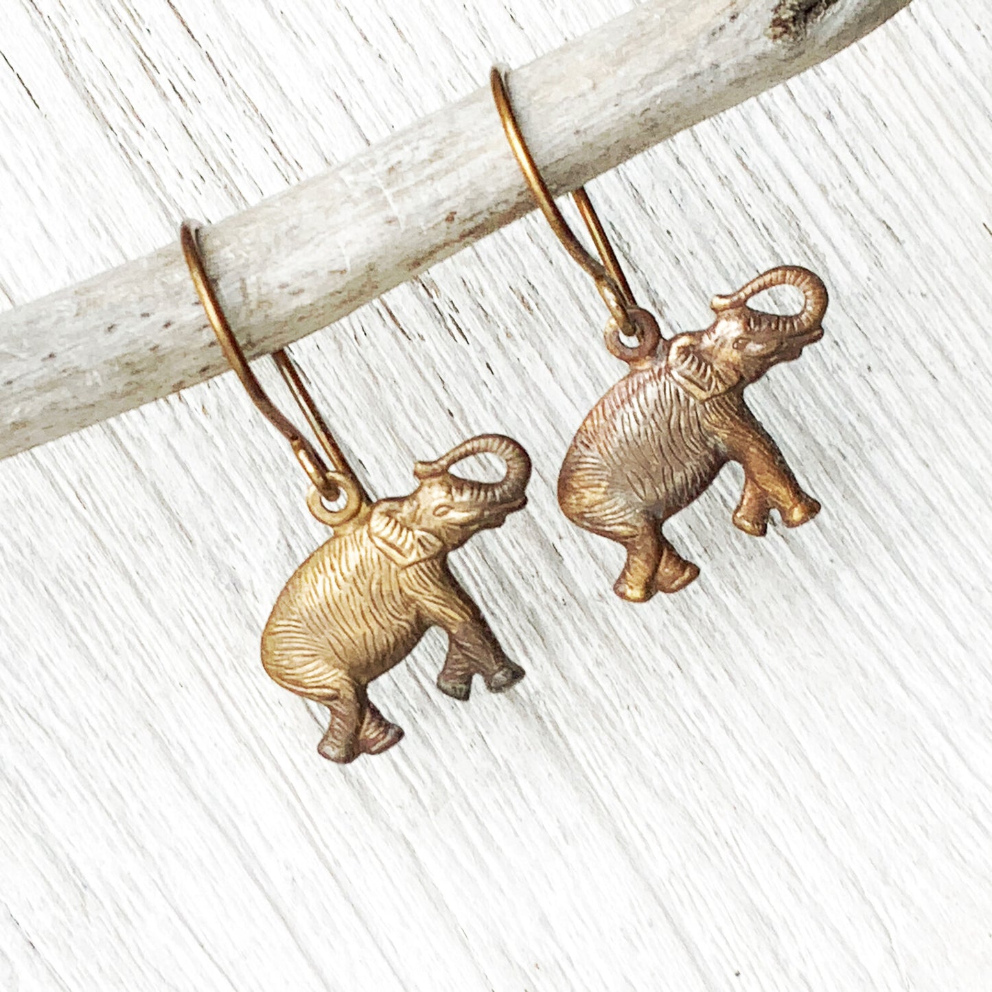 Elephant Brass Earrings with Handmade French hooks, Patina’d Charms Little Antiqued Brass Elephants