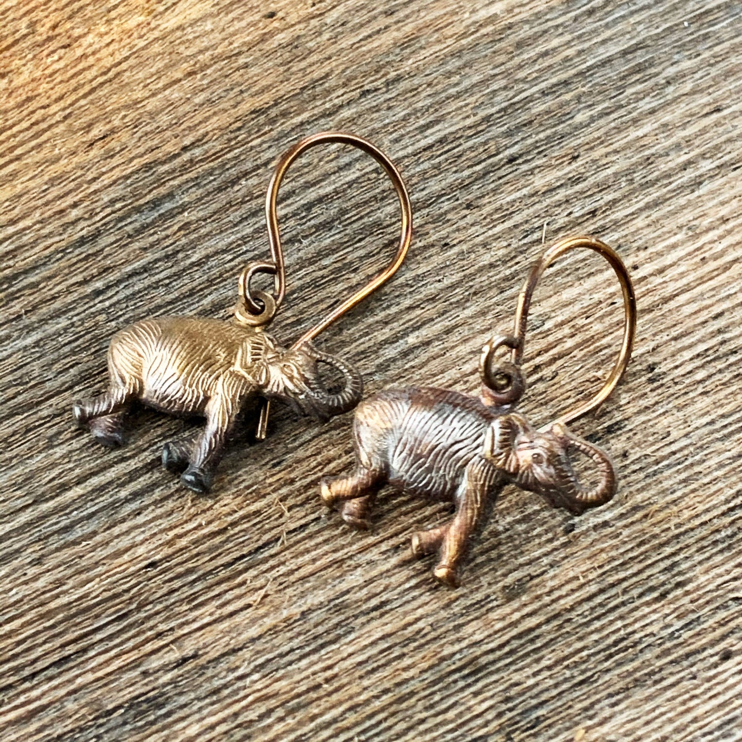 Elephant Brass Earrings with Handmade French hooks, Patina’d Charms Little Antiqued Brass Elephants