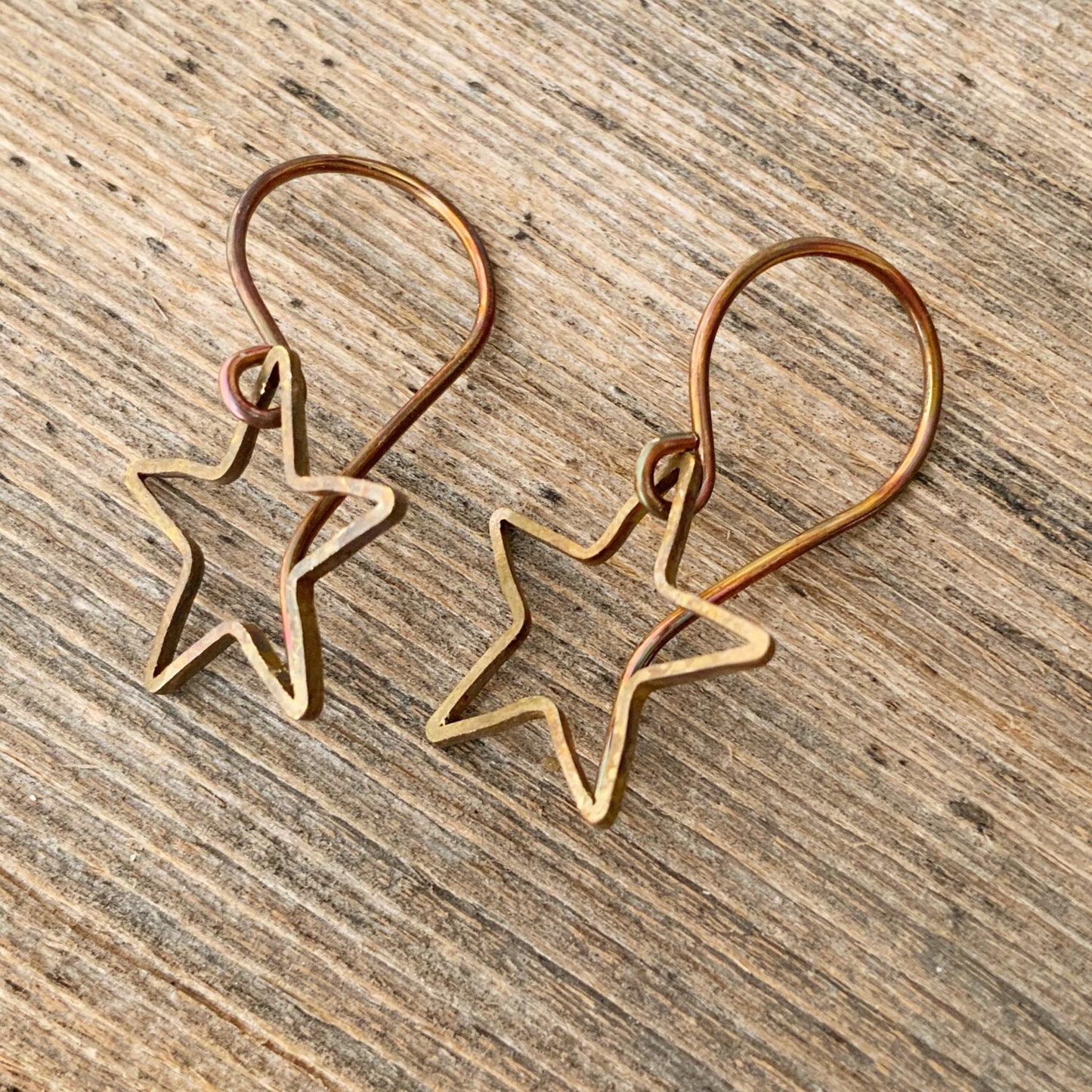 Boho Star Earrings – Open Star Brass Dangles, Hammered Antiqued Brass with Handmade Hooks