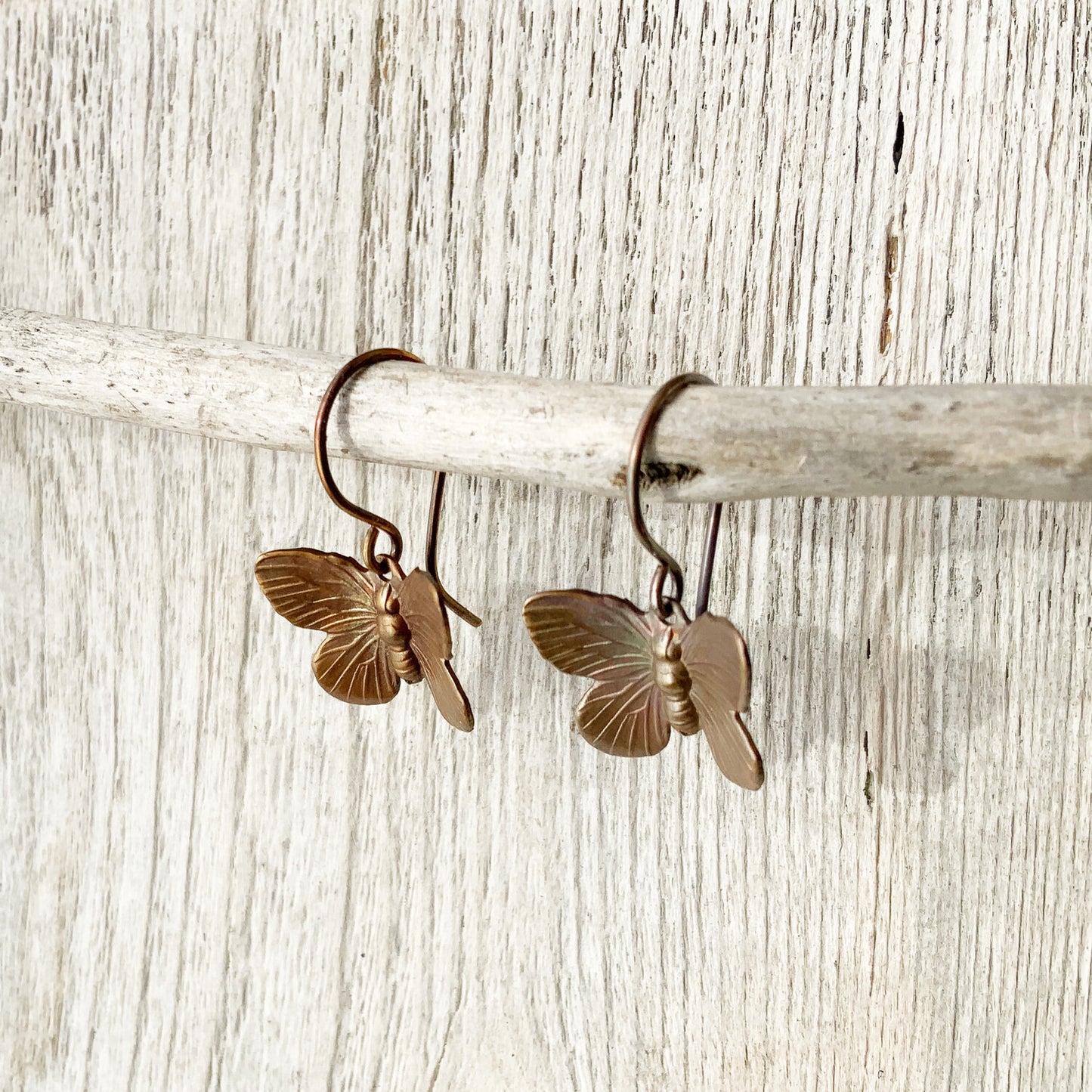 Butterfly Patina Brass Earrings with Handmade French hooks, Little Antiqued Brass Moth