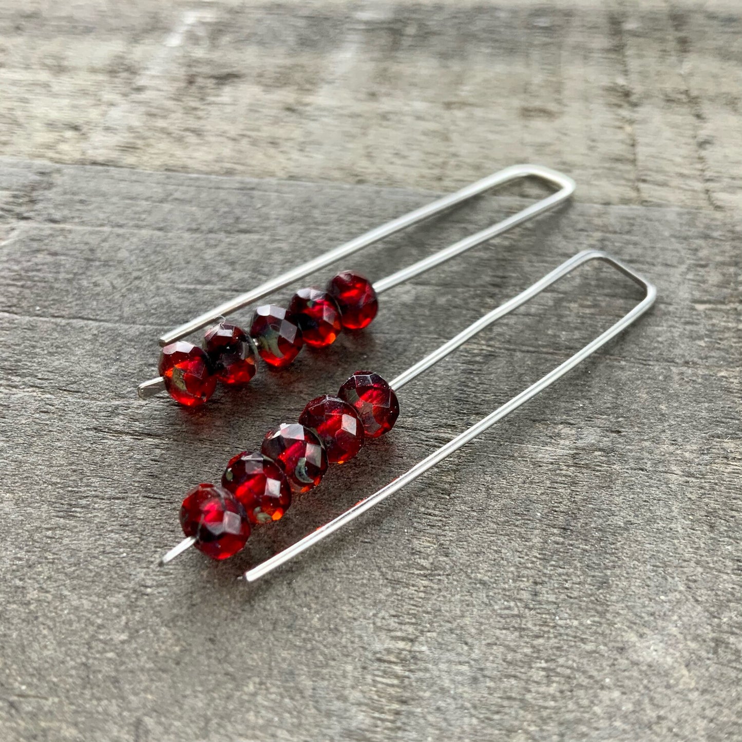 Red & Blood Orange Mini Glass Gem Threader Earrings, Rectangle Modern Ear Wires