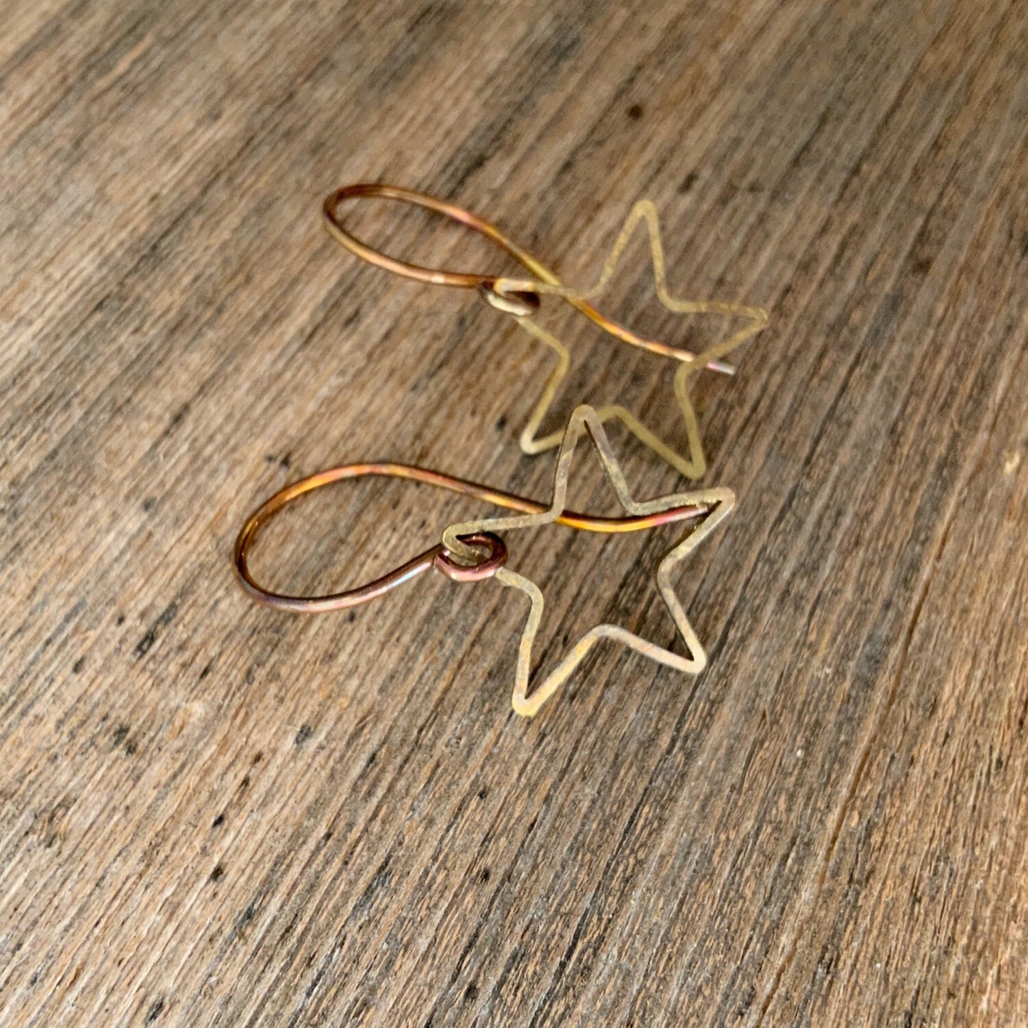 Boho Star Earrings – Open Star Brass Dangles, Hammered Antiqued Brass with Handmade Hooks