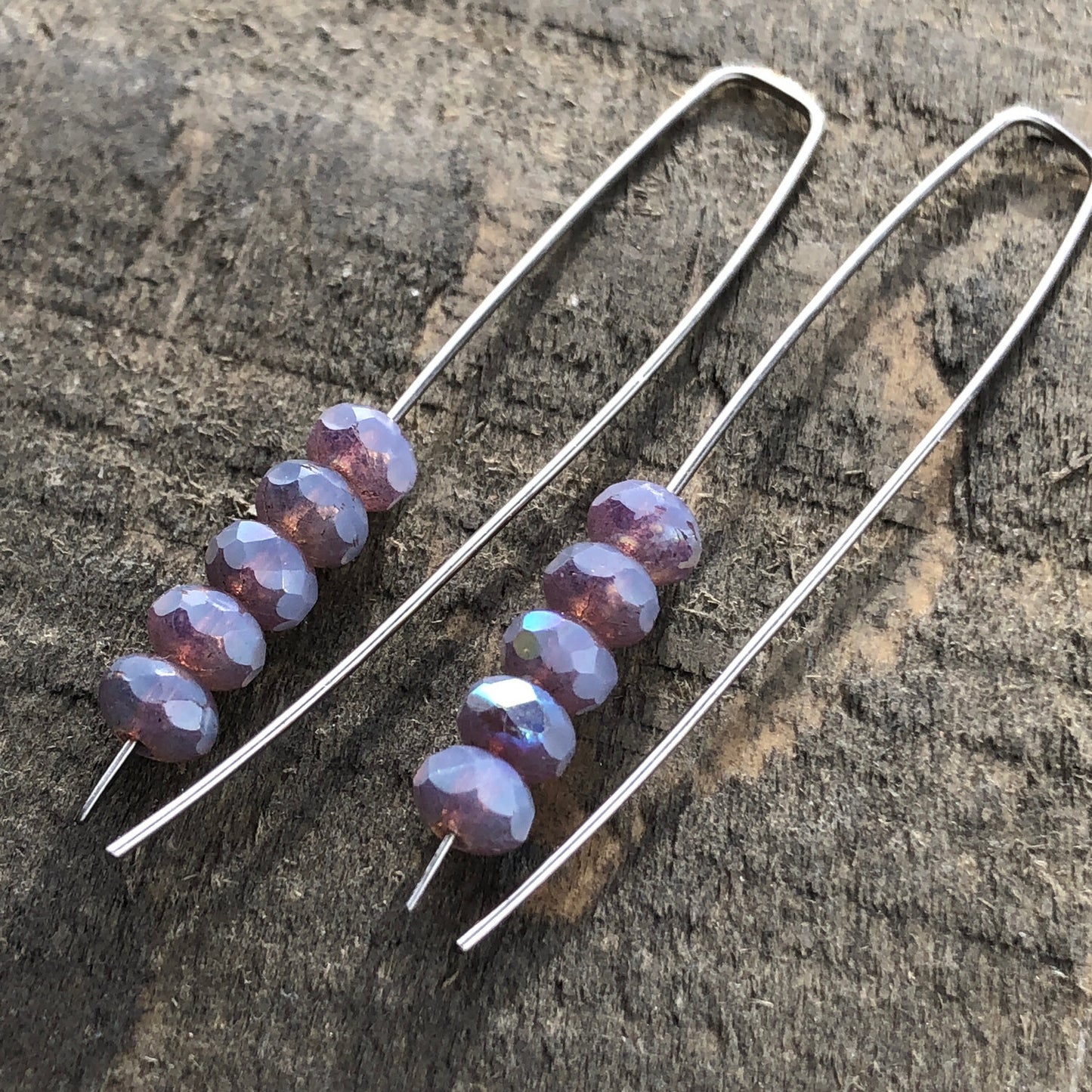 Opal Lilac Mini Glass Gem Threader Earrings, Rectangle Modern Ear Wires, Purple