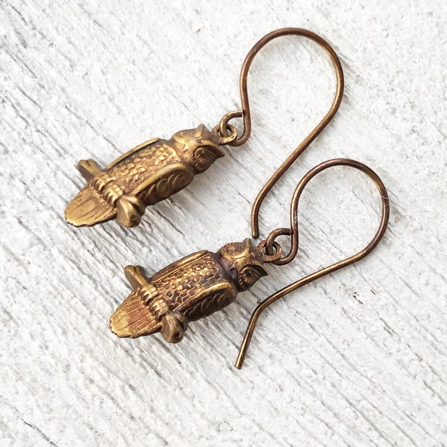 Rustic Brass Owl Earrings – Patina’d Charms, Handmade French Hook Ear Wires