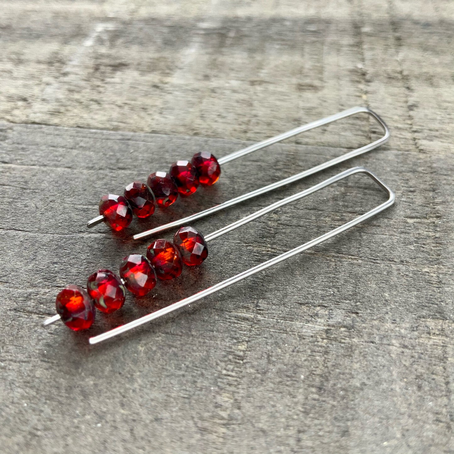 Red & Blood Orange Mini Glass Gem Threader Earrings, Rectangle Modern Ear Wires