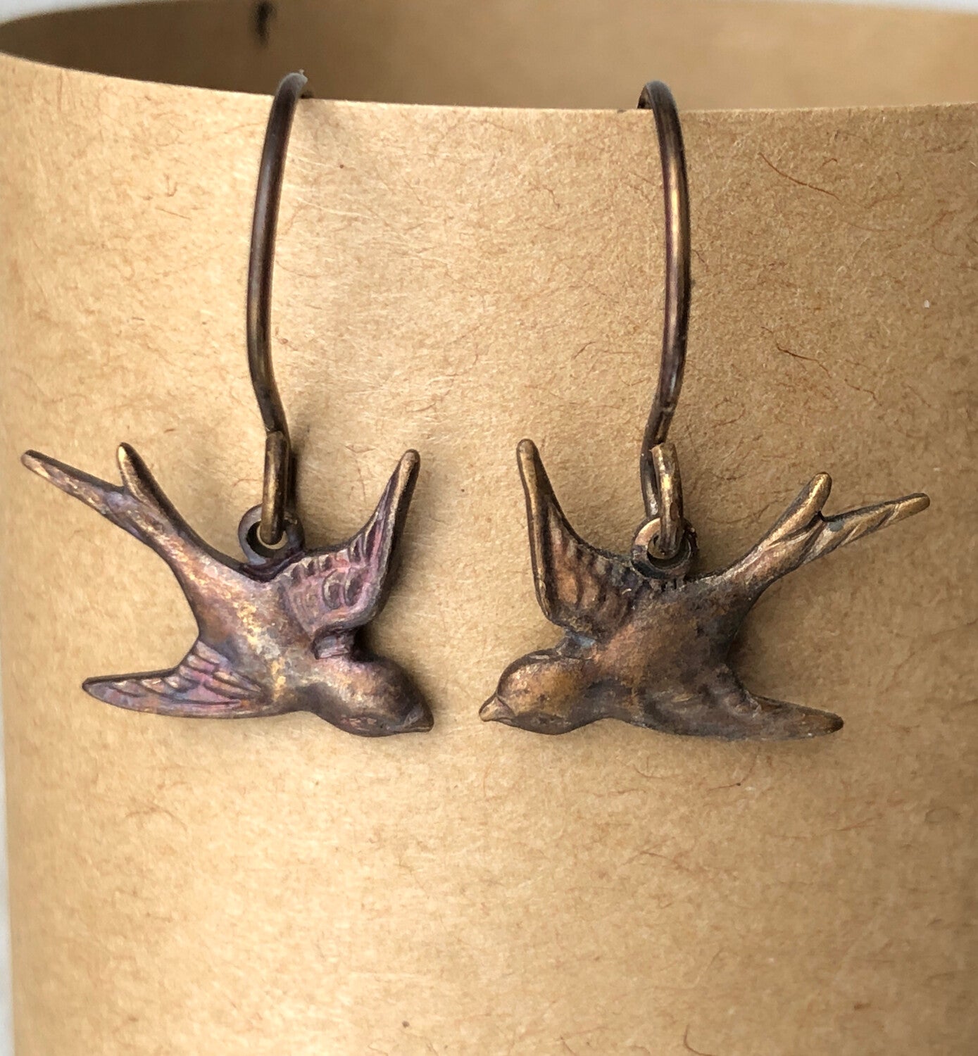 Little Bird Brass Earrings with Handmade French hooks, Patina’d Charms Little Antiqued Brass Sparrows
