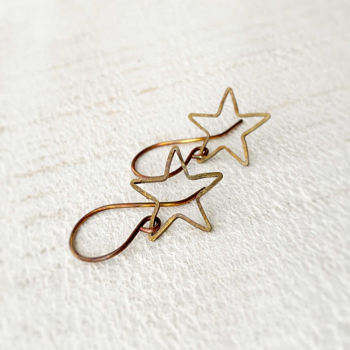 Boho Star Earrings – Open Star Brass Dangles, Hammered Antiqued Brass with Handmade Hooks