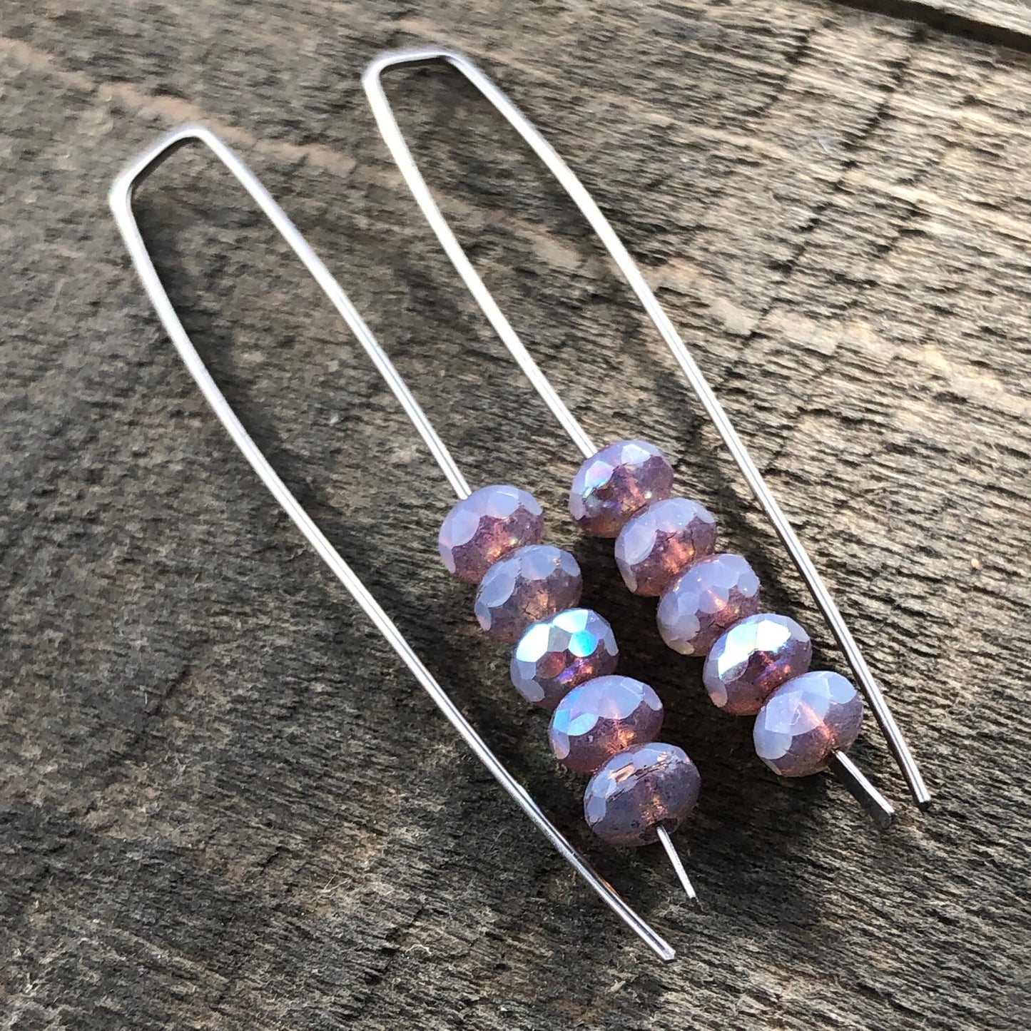 Opal Lilac Mini Glass Gem Threader Earrings, Rectangle Modern Ear Wires, Purple