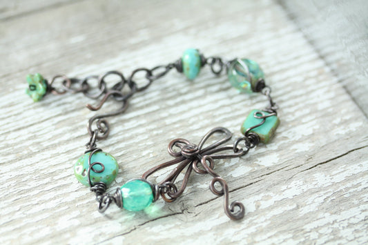 Dragonfly Wirework Bracelet, Oxidized Copper Wire and Turquoise Czech Glass Beads