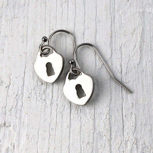 Lock Earrings, Mini Heart Lock Stainless Steel Earring, Small Shiny Silver Lock, Hypoallergenic, Tiny Silver Lock Dangle