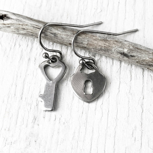 Lock & Key Earrings, Mini Key and Heart Lock Stainless Steel Earring, Small Shiny Silver Heart Key Lock, Hypoallergenic