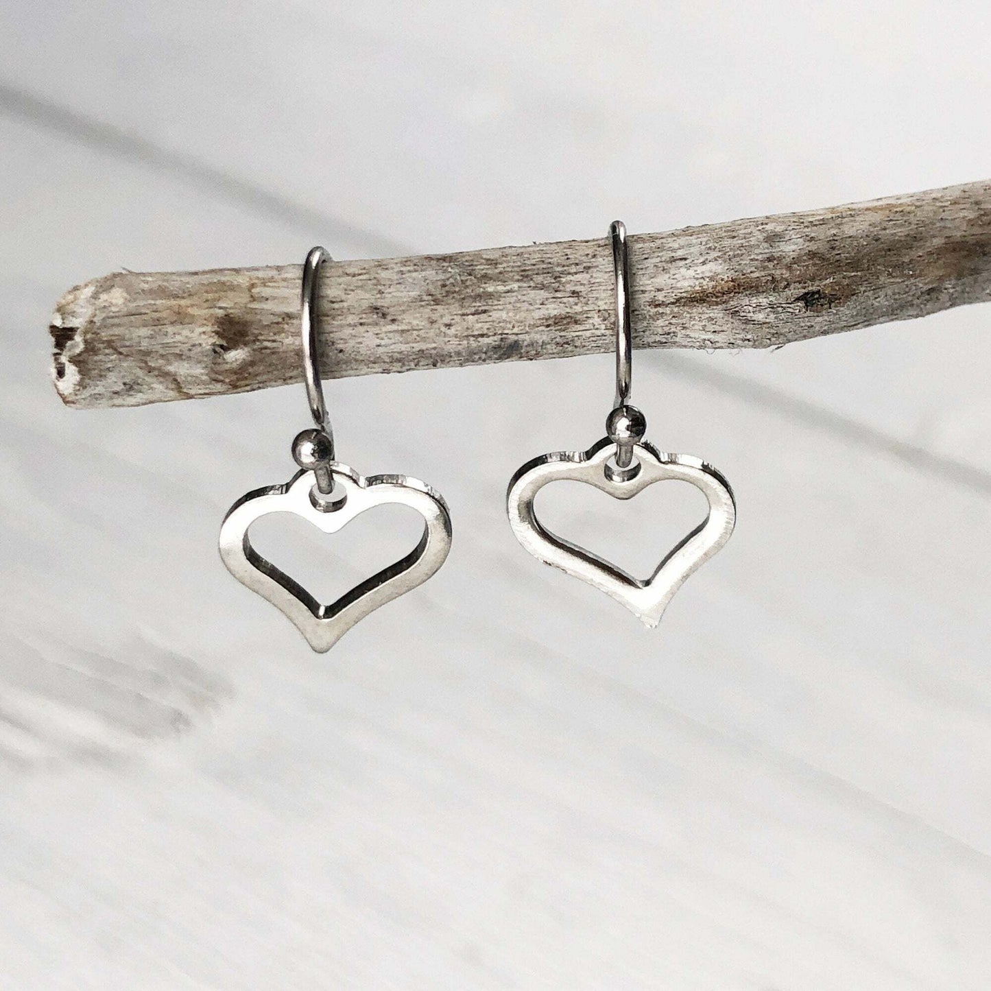 Tiny Heart Earrings, Mini Heart Stainless Steel Earring, Small Shiny Silver Valentine Dangle, Hypoallergenic