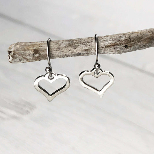 Tiny Heart Earrings, Mini Heart Stainless Steel Earring, Small Shiny Silver Valentine Dangle, Hypoallergenic