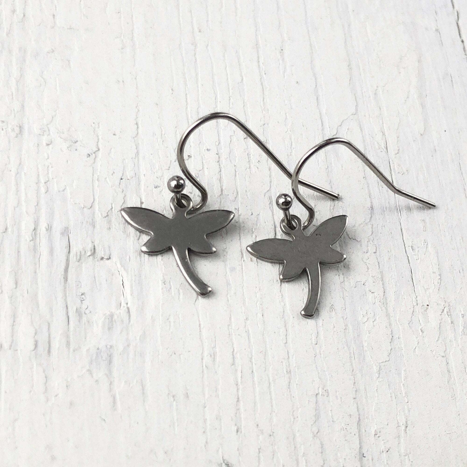 Tiny Dragonfly Earrings, Firefly Stainless Steel Earring, Mini Shiny Silver Dragonflies Dangle, Hypoallergenic