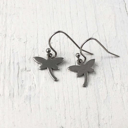 Tiny Dragonfly Earrings, Firefly Stainless Steel Earring, Mini Shiny Silver Dragonflies Dangle, Hypoallergenic