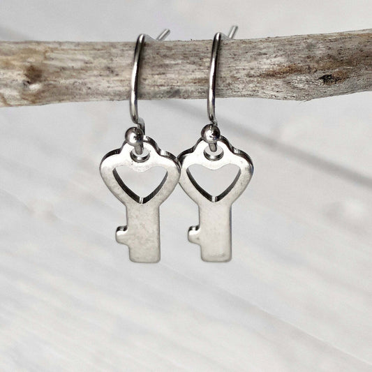 Tiny Key Earrings, Keys Stainless Steel Earring, Mini Shiny Silver Key Dangle, Hypoallergenic