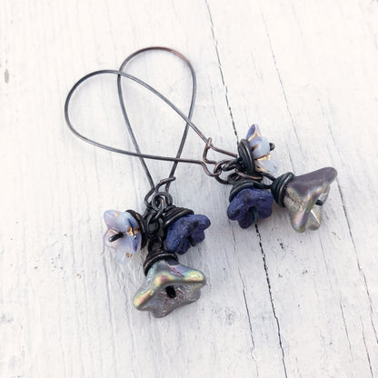 Violet Purple Glass Flowers Copper Wirework Earrings