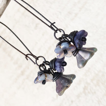 Violet Purple Glass Flowers Copper Wirework Earrings