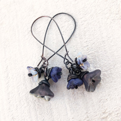 Violet Purple Glass Flowers Copper Wirework Earrings