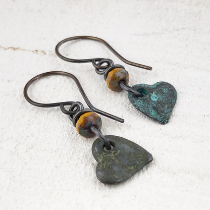 Verdigris Heart Earrings with Bead, Copper Earwires