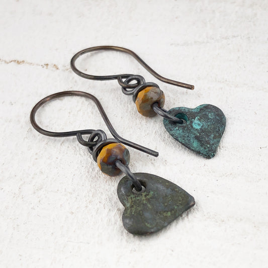 Verdigris Heart Earrings with Bead, Copper Earwires
