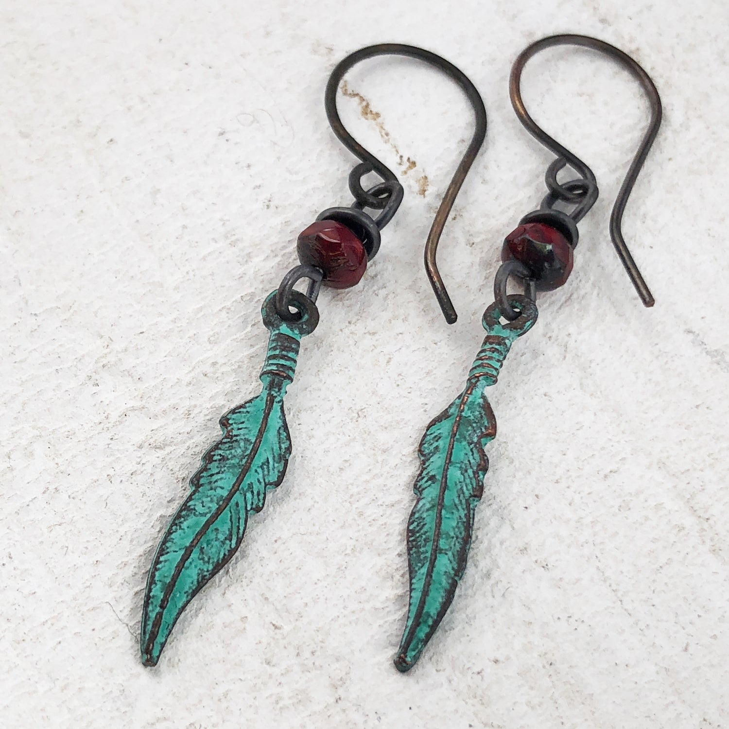 Verdigris Feather Earrings with Bead, Copper Earwires