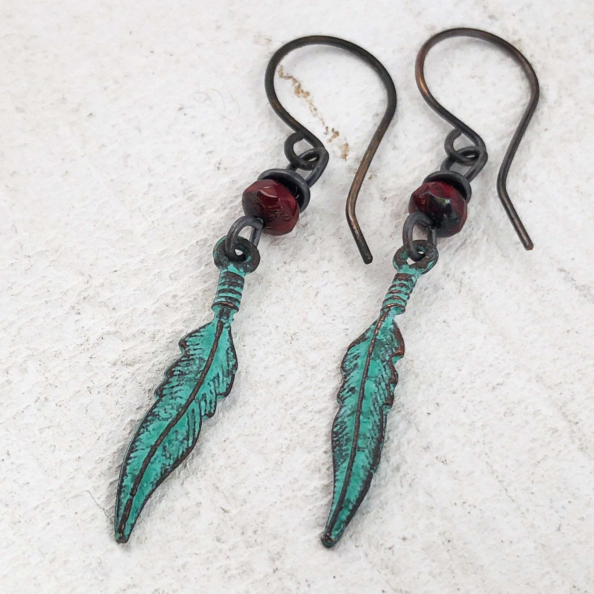 Verdigris Feather Earrings with Bead, Copper Earwires
